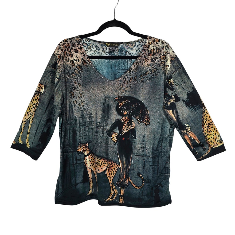 Valentina Womens V-Neck Graphic Top Teal Cheetah Rhinestone 3/4 Sleeve Large